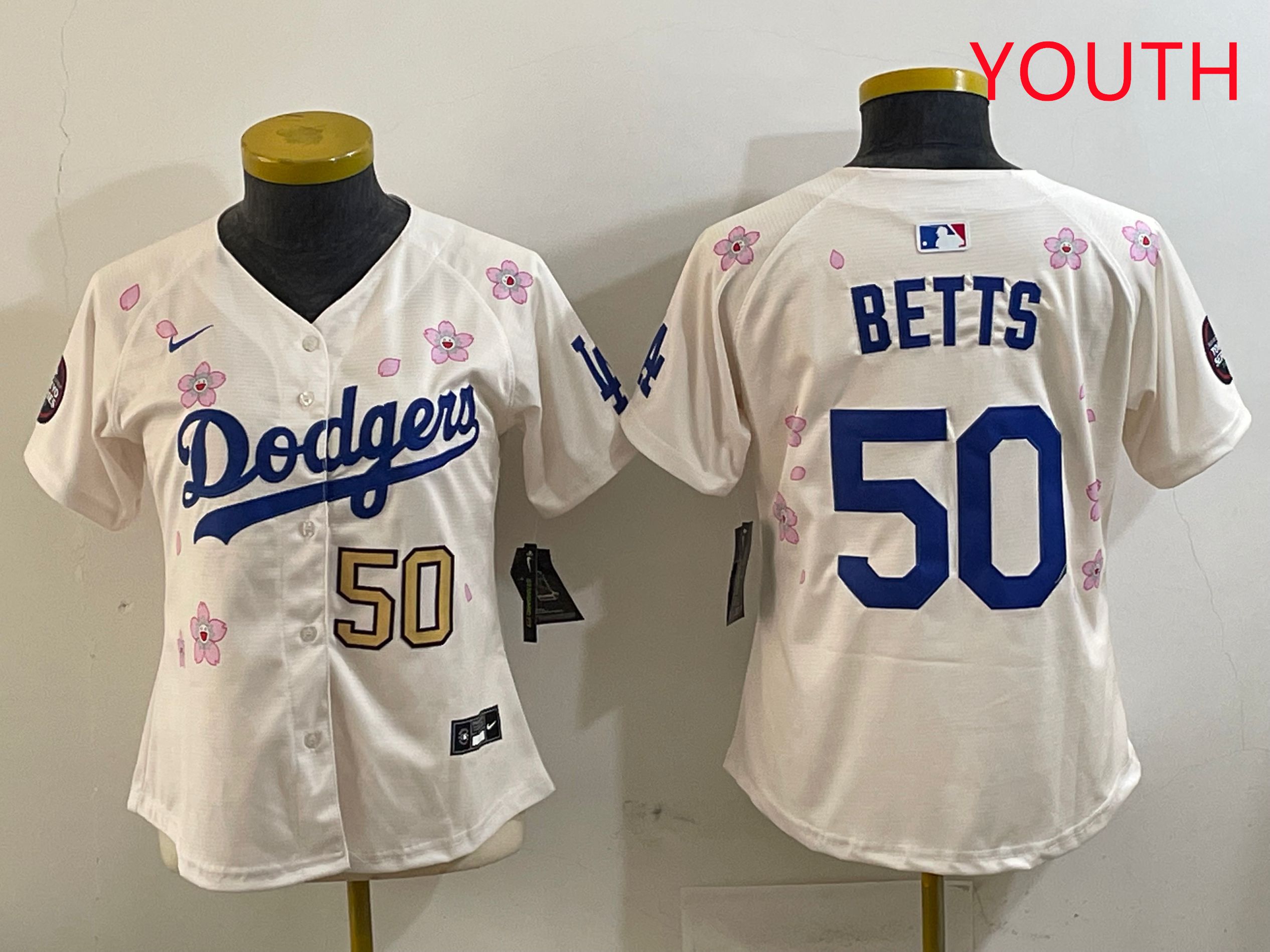 Youth Los Angeles Dodgers #50 Betts Cream Sakura Edition 2025 Nike MLB Jersey style 8->youth mlb jersey->Youth Jersey